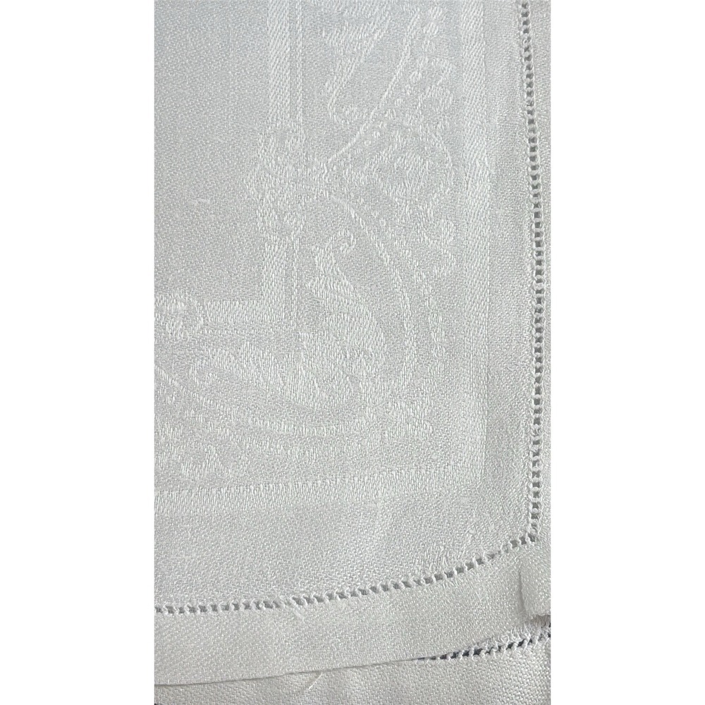 Vintage White Damask Napkin Set Hemstitched Border Scroll Vine Design Set Of 2